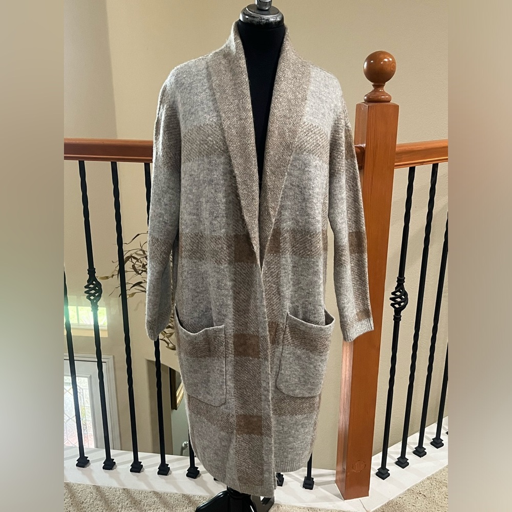JOE’S Long RELAXED FIT Open Front Plaid Cardigan - Gray & Taupe, WOMEN SIZE S